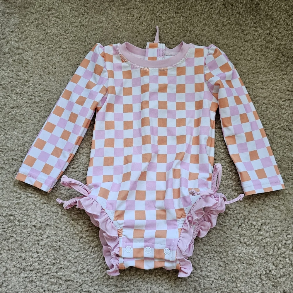 Caden Lane Girls Pink and Peach Checkerboard Long-Sleeve One-Piece Swimsuit